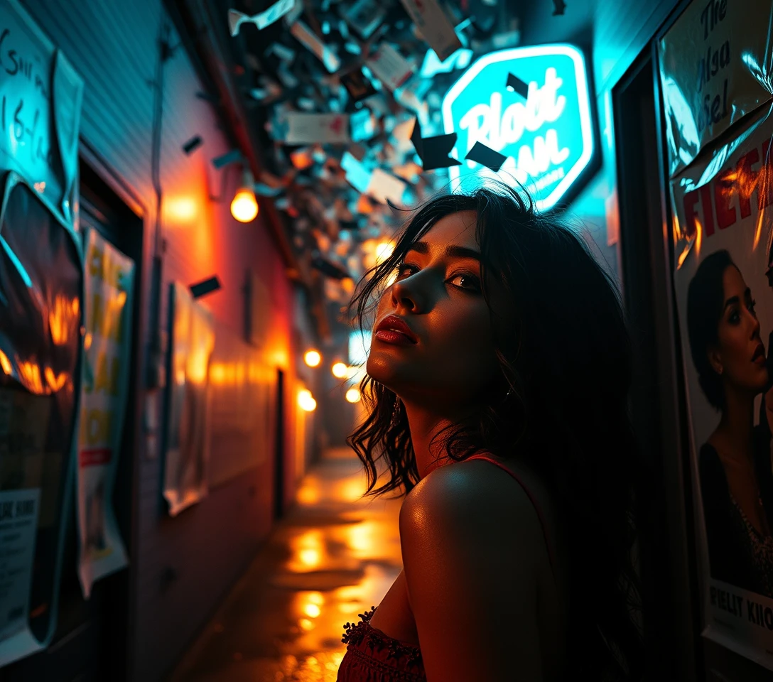 Surreal neon lit alley scene with a tense cinematic woman