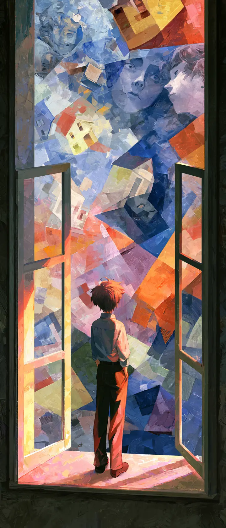 Anime girl at an open window facing a surreal sky