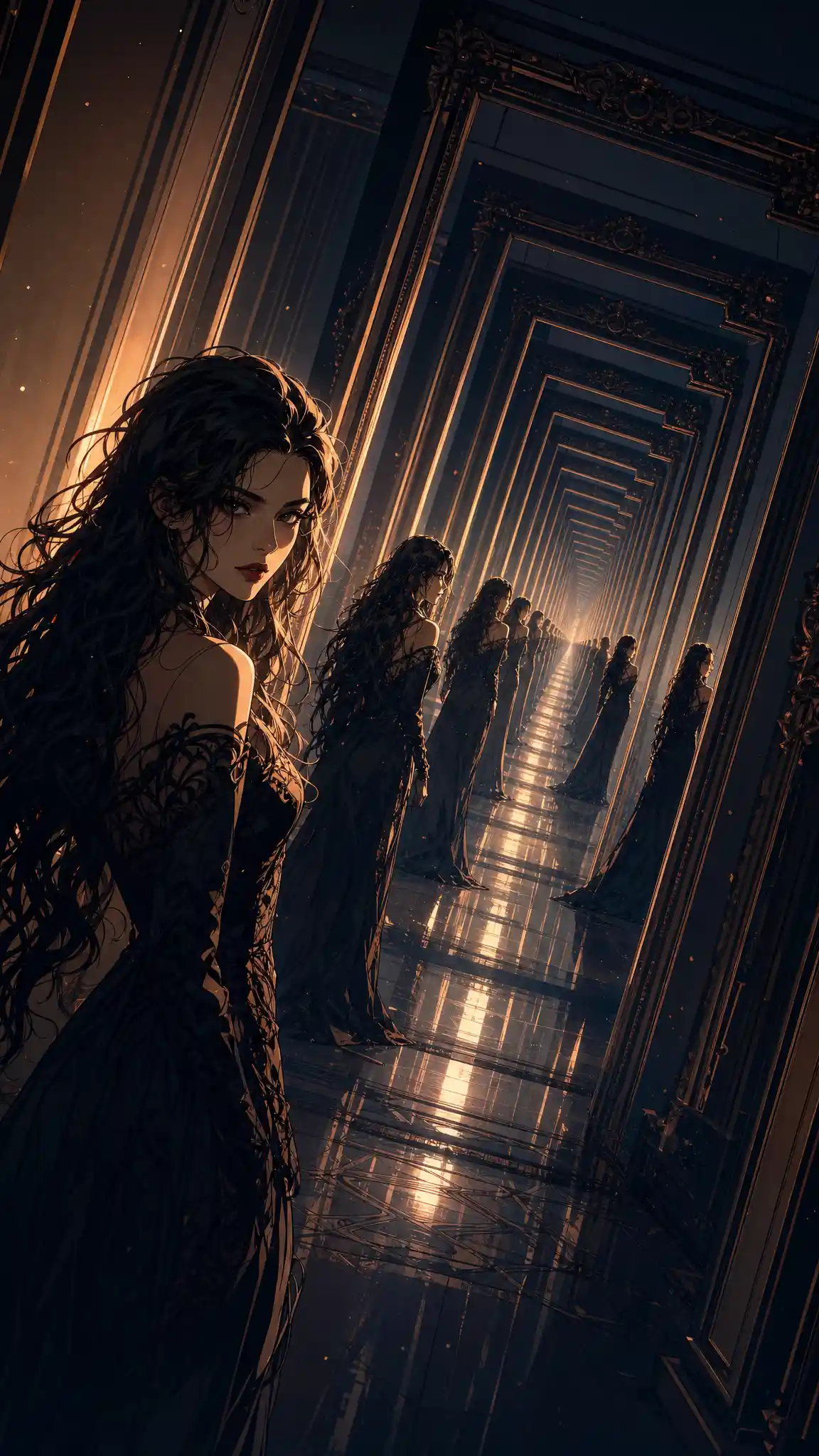 Elegant woman in an endless mirrored corridor with surreal depth