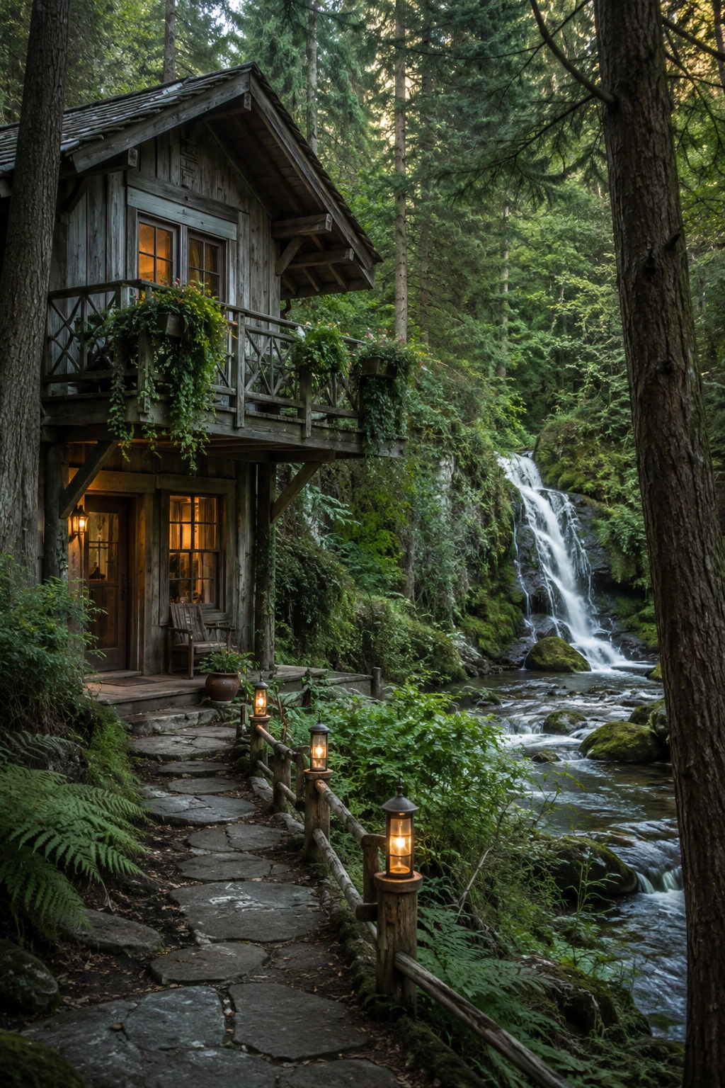 Cabaña rústica en el bosque junto a un arroyo tranquilo y una cascada