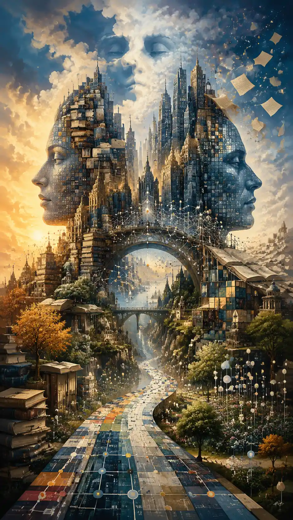 Surreal city of information streets and towering booklike buildings