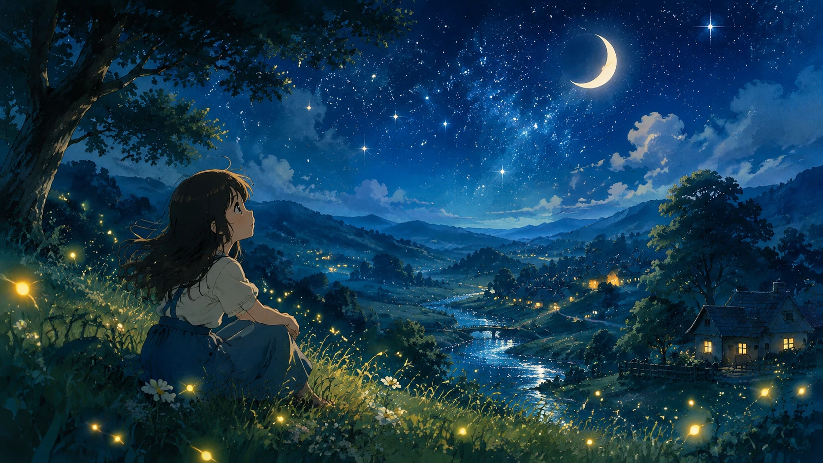 Anime girl under crescent moon on peaceful grassy hillside