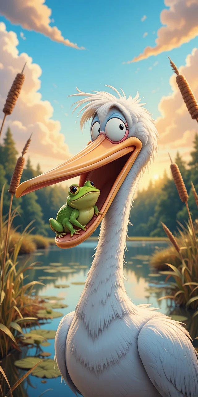 Playful cartoon pelican and frog in a glowing wetland