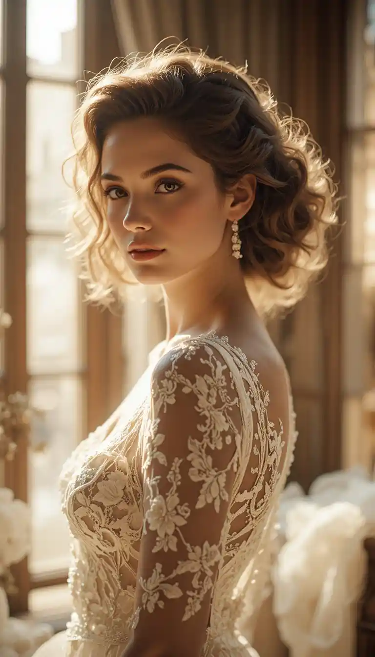 Elegant woman in ivory lace dress cinematic portrait