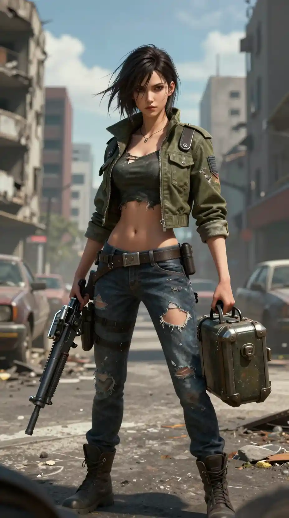 Armed young female warrior in a ruined city street