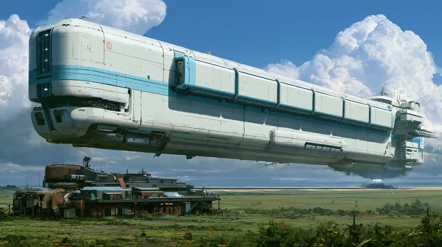 Colossal deep space transport landing on a green world