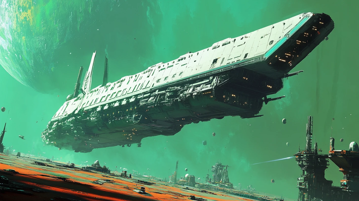 Colossal deep space transport ship landing at a spaceport