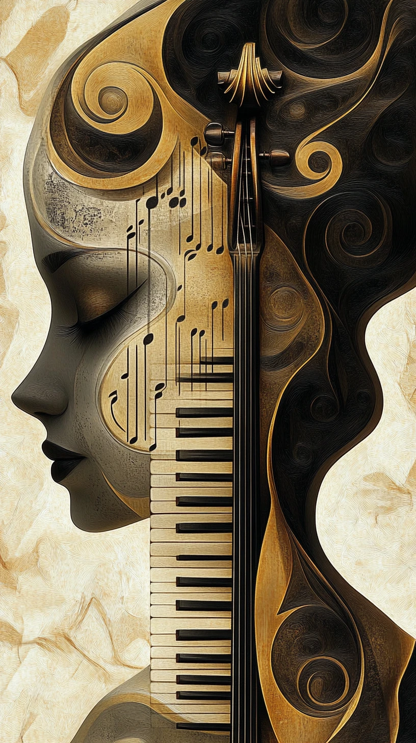 Surreal portrait formed from violins pianos and brass instruments