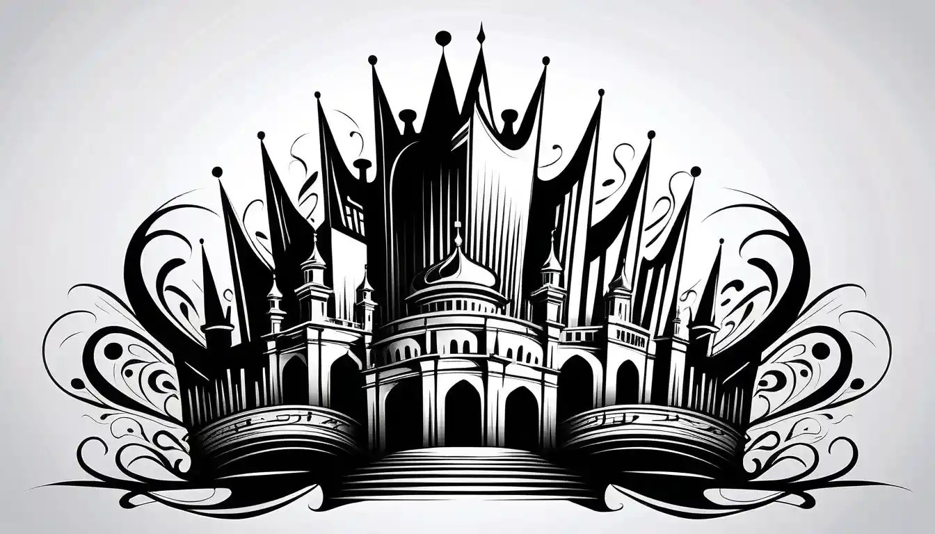 Expressive calligraphic crown rising in swirling line art
