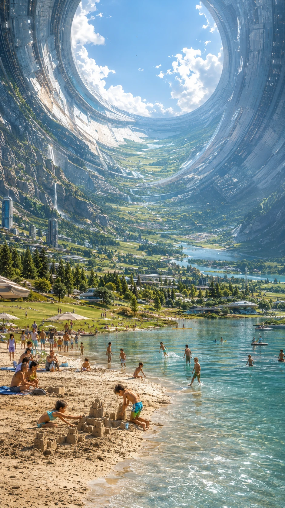 Familias jugando junto a la orilla de un lago en un vasto hábitat espacial