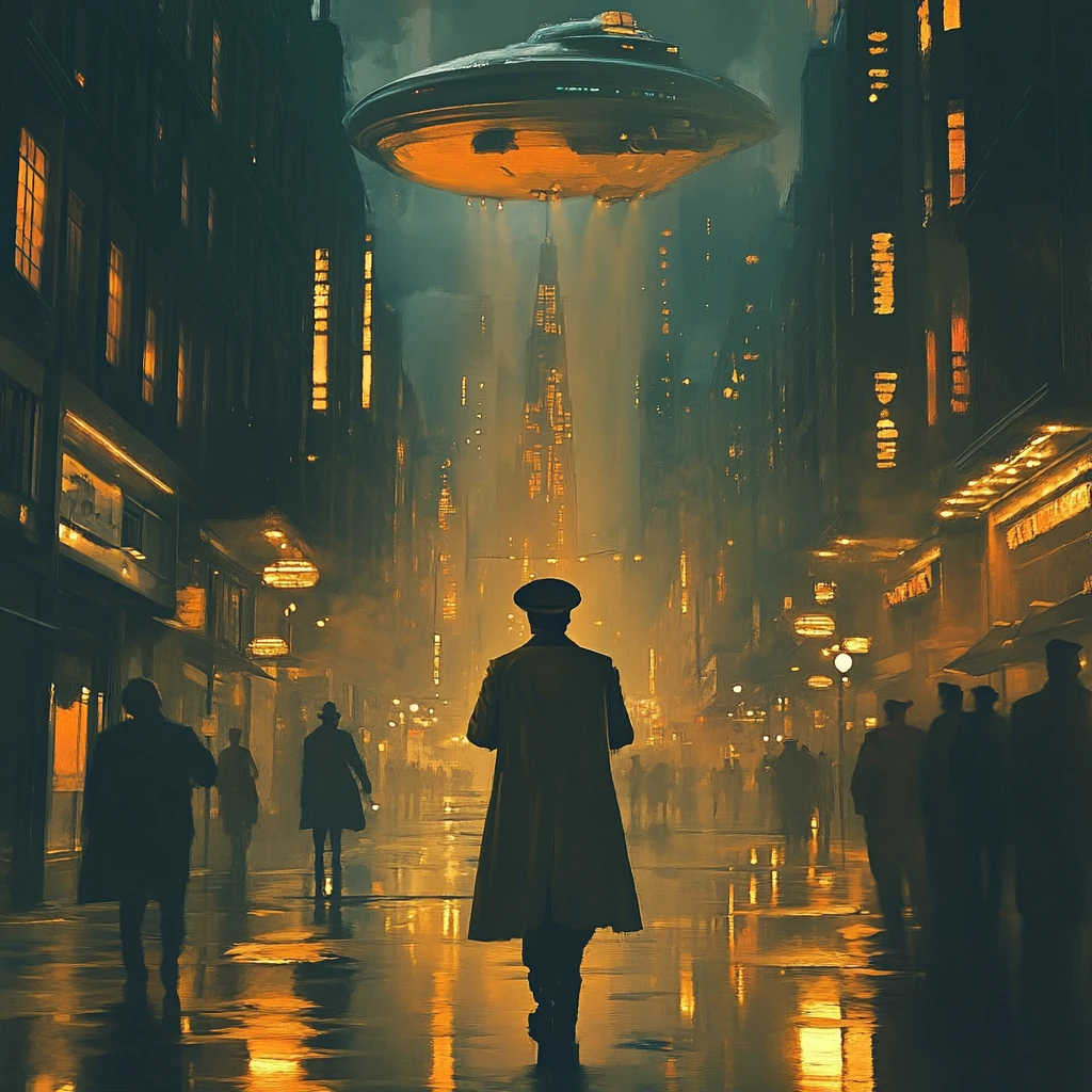 Gentleman walking through a golden retro futuristic city street
