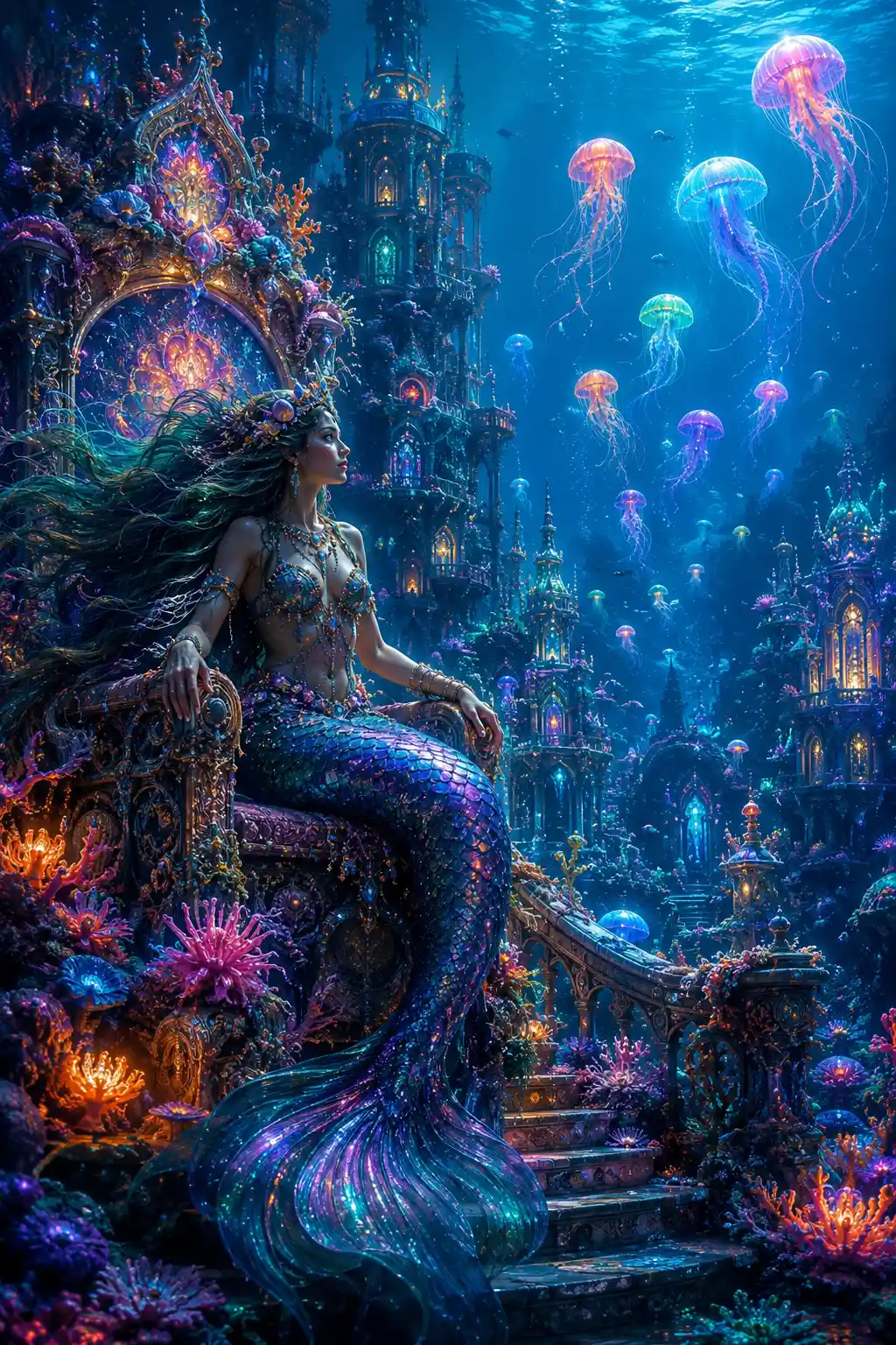 Mystical underwater castle with a mermaid on the throne