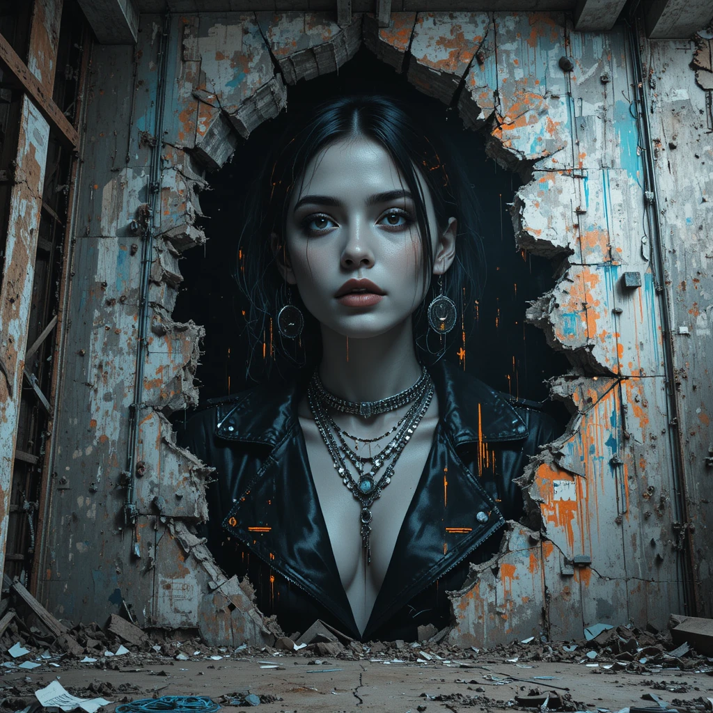 Cinematic cyberpunk woman mural in an industrial cathedral