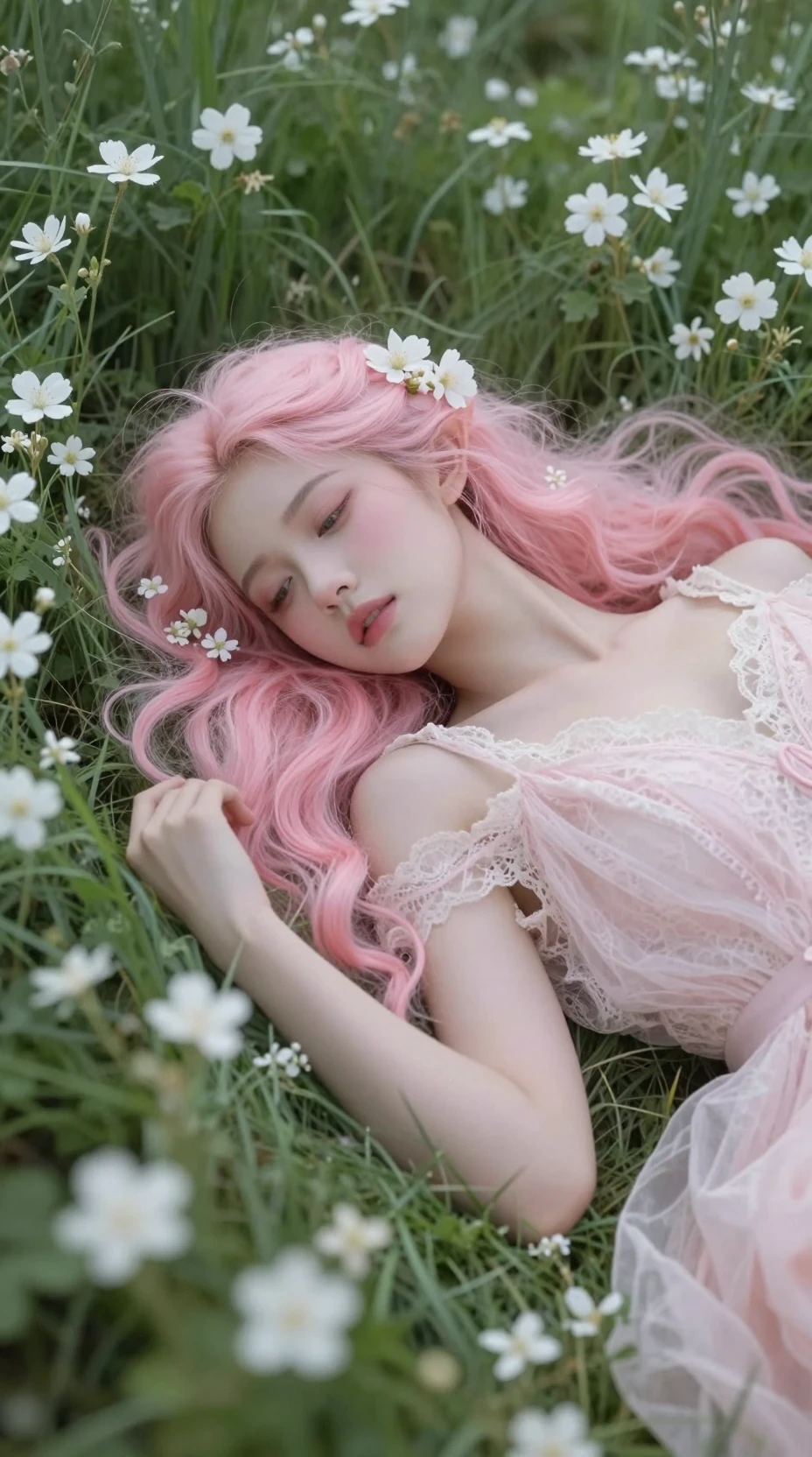 Elf woman resting in flowers in a tranquil meadow