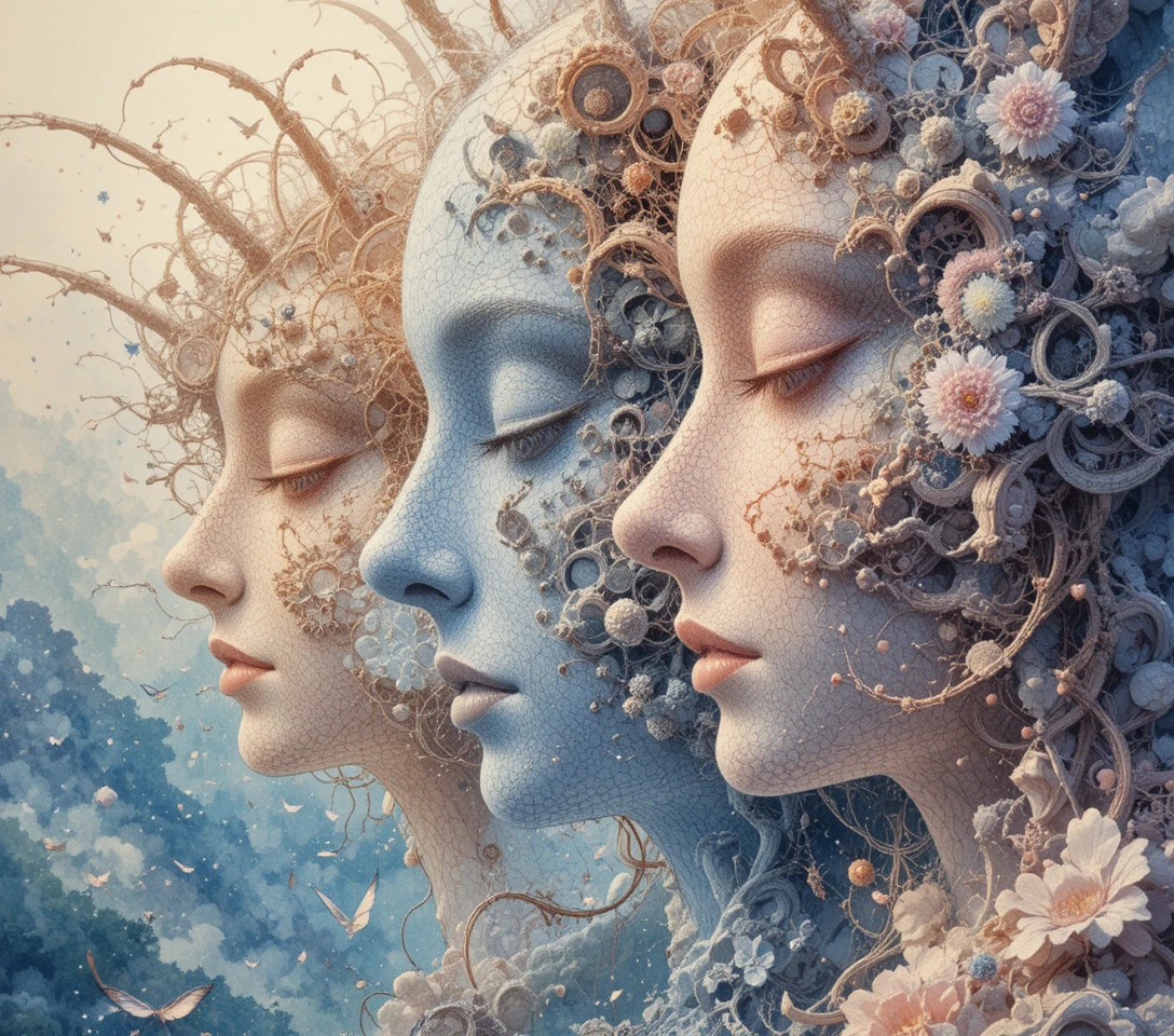 Surreal pointillist faces built from fractal fibonacci patterns