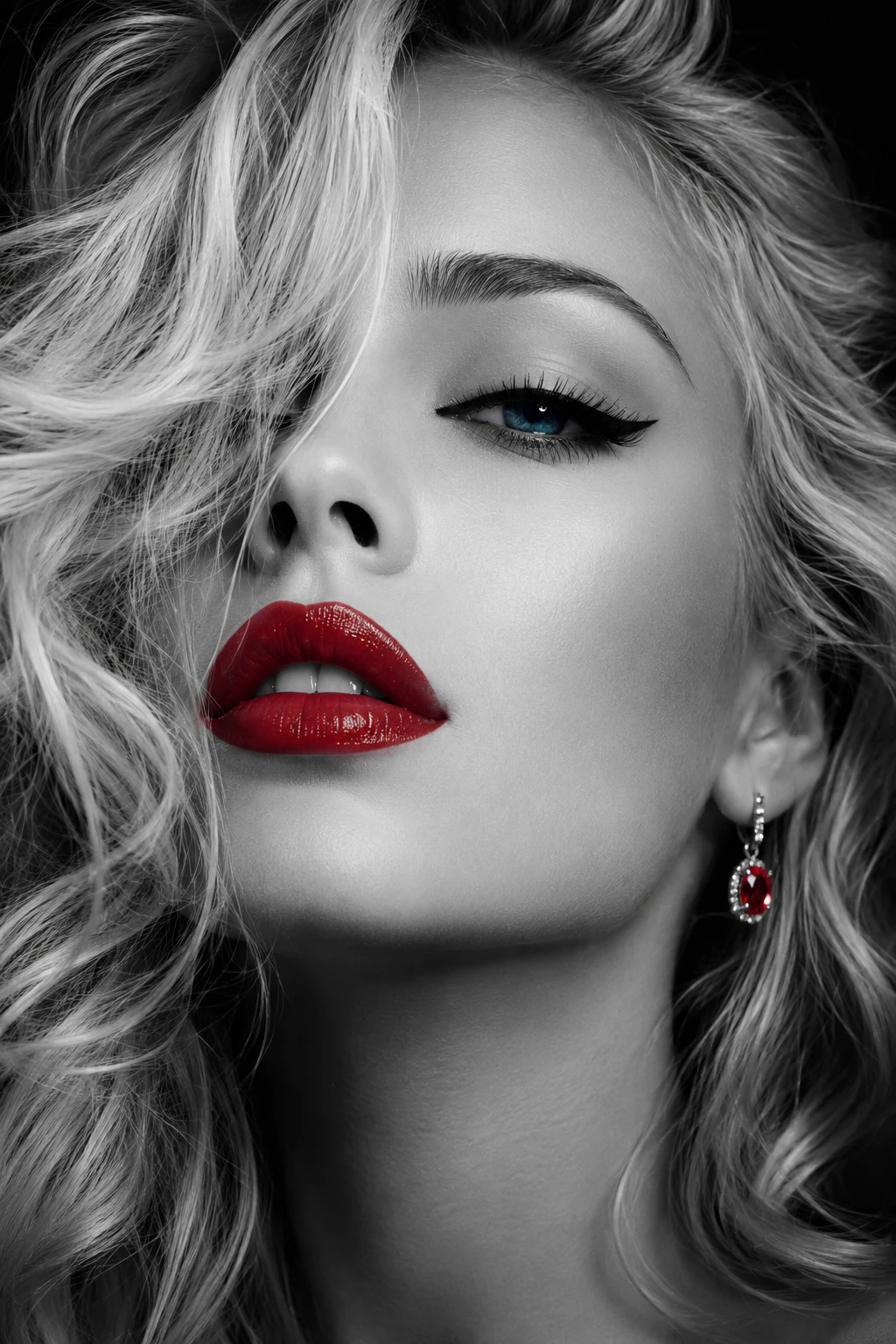 Monochrome close up of woman with blue eyes and red lips