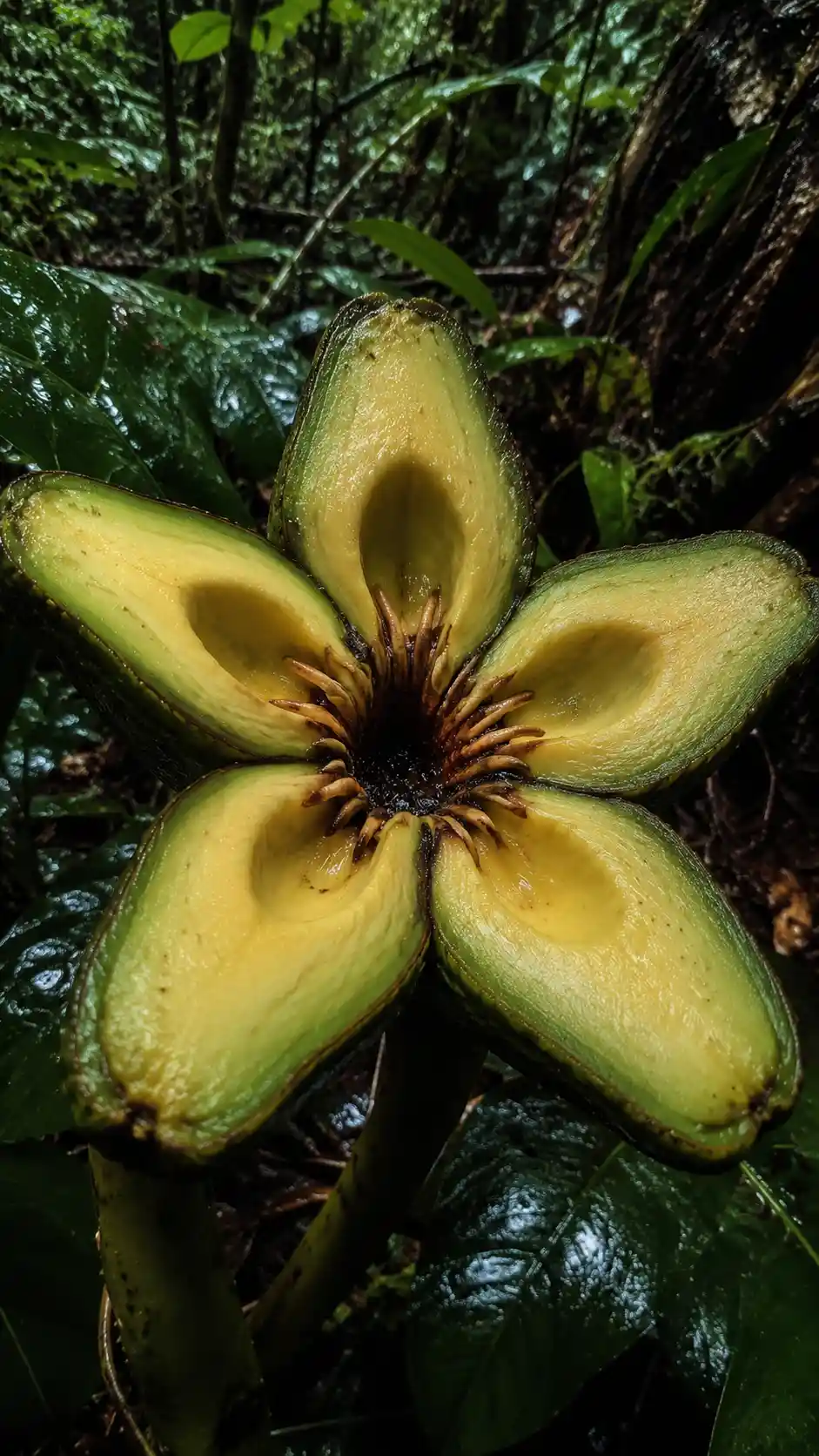 Hyperrealistic giant carnivorous flower with avocado petals