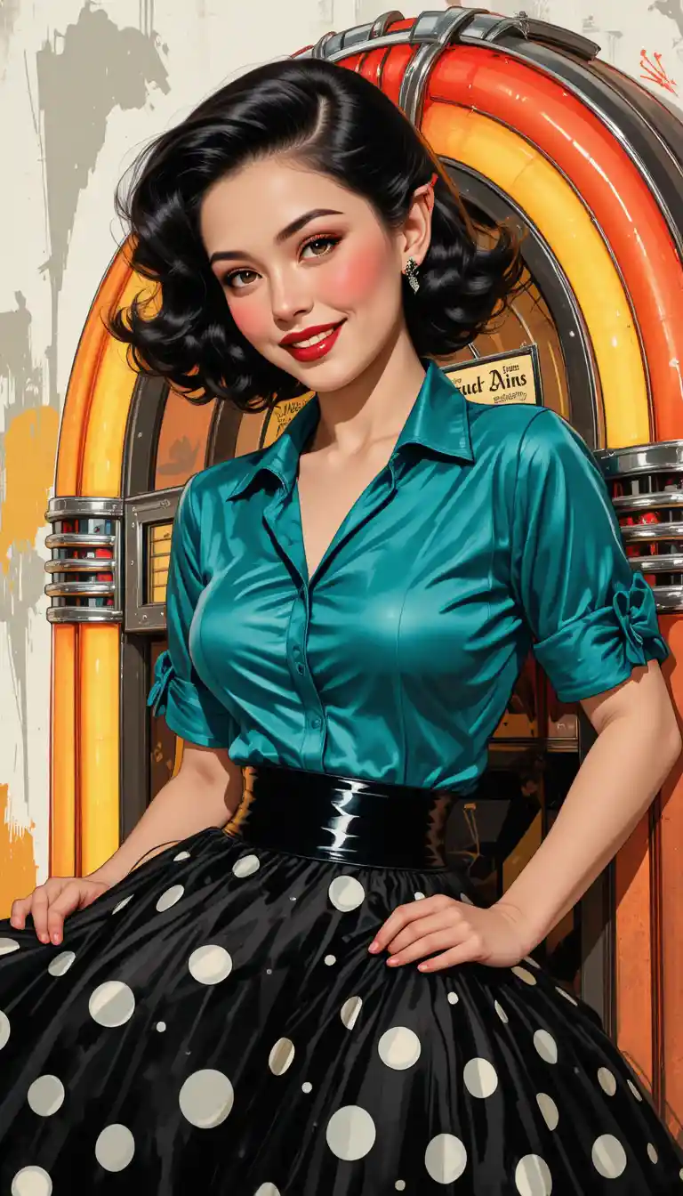 Smiling elf woman leaning on a colorful retro jukebox
