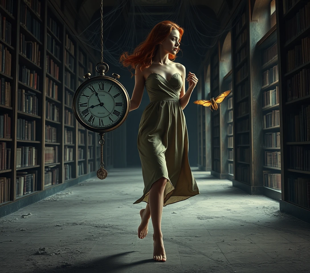 Barefoot woman frozen in time in a dark library