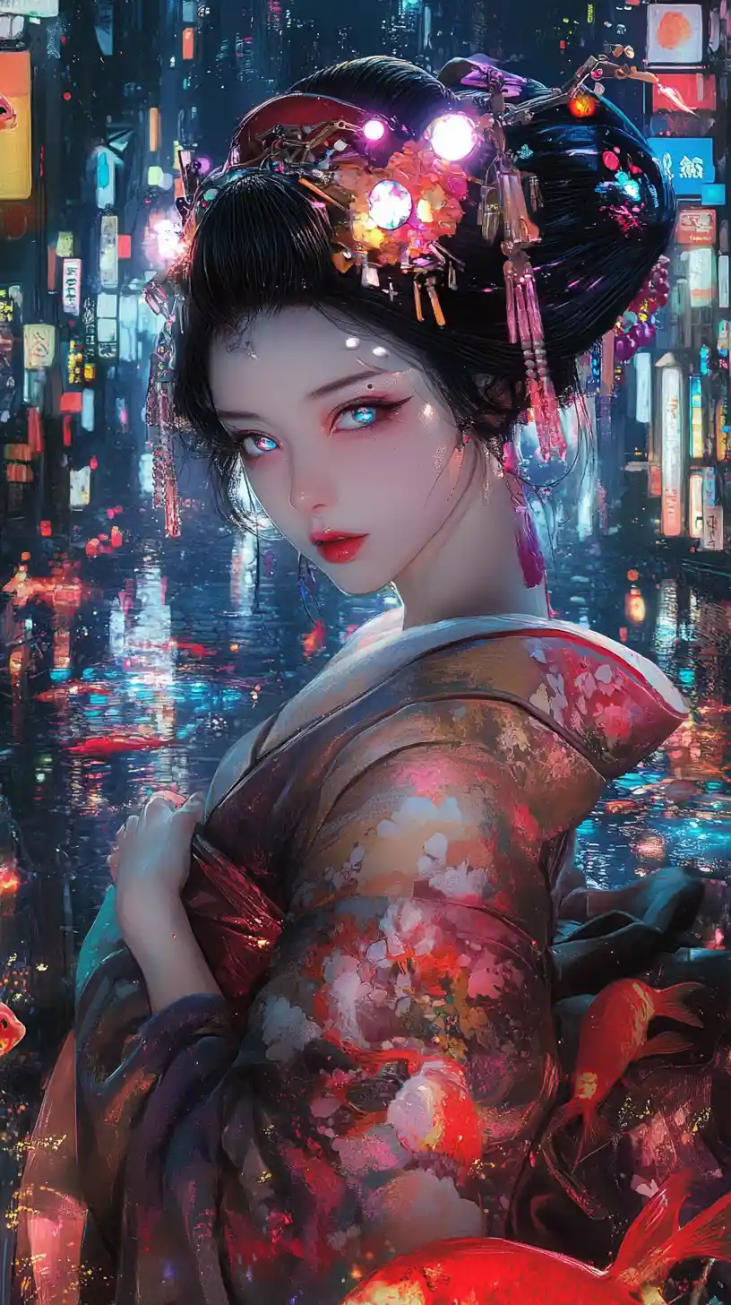 Futuristic bionic geisha portrait in neon city night