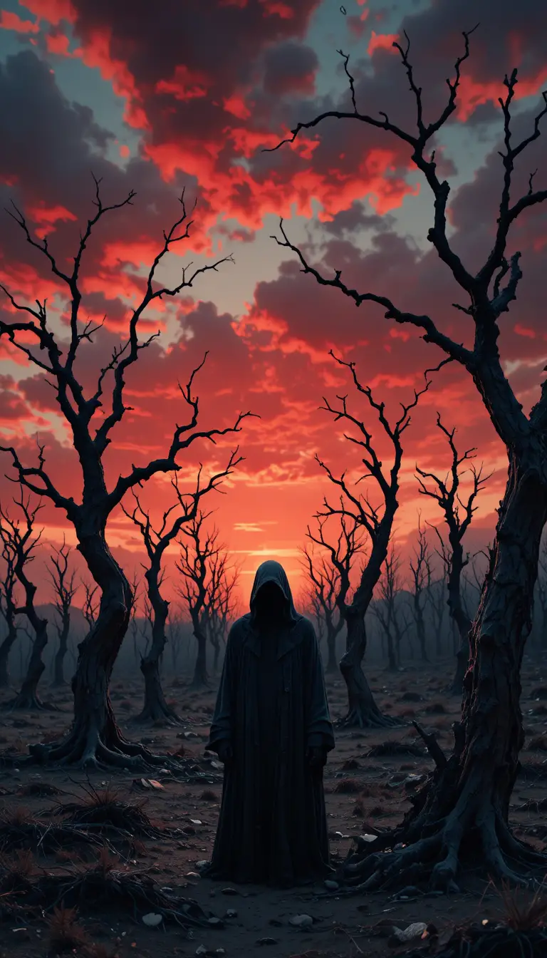 Lone robed figure in a desolate wasteland at dusk
