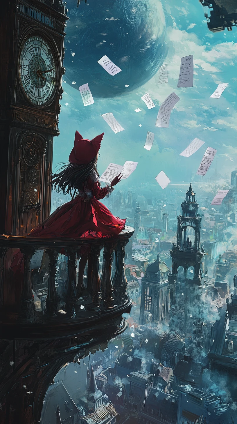 Anime girl on a clock tower balcony above a Victorian city