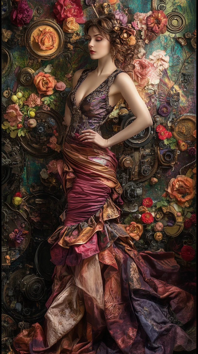 Fantasy woman in a draped halter gown with floral steampunk decor