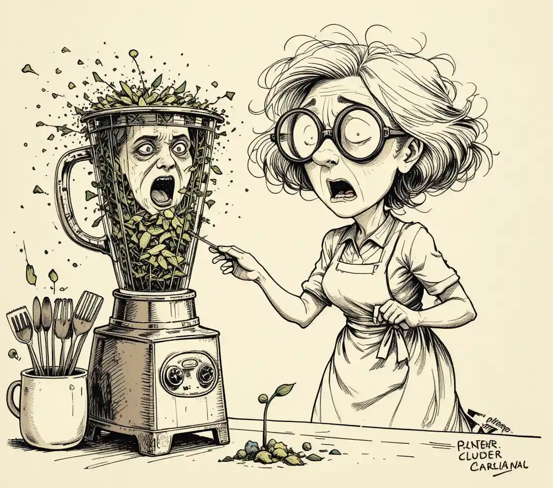 Elderly Woman Panicking Over A Wildly Spinning Blender