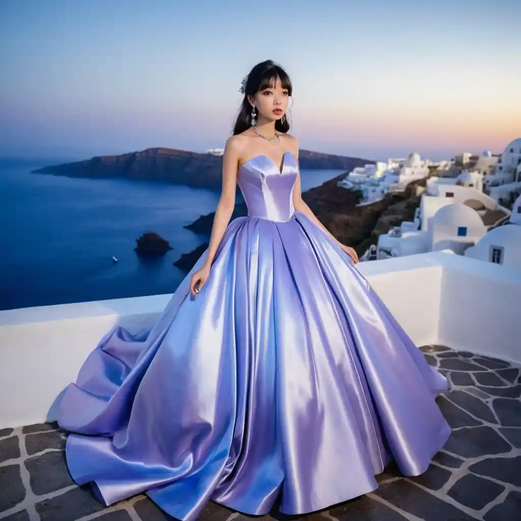 Elegant woman in lavender satin gown at night in Santorini