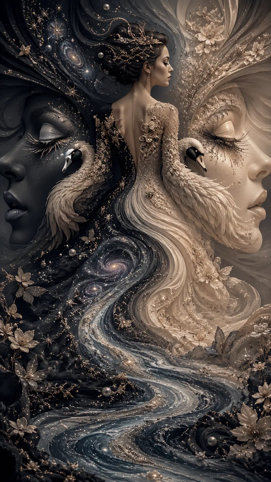 Surreal couture gown forming hidden human profile portraits