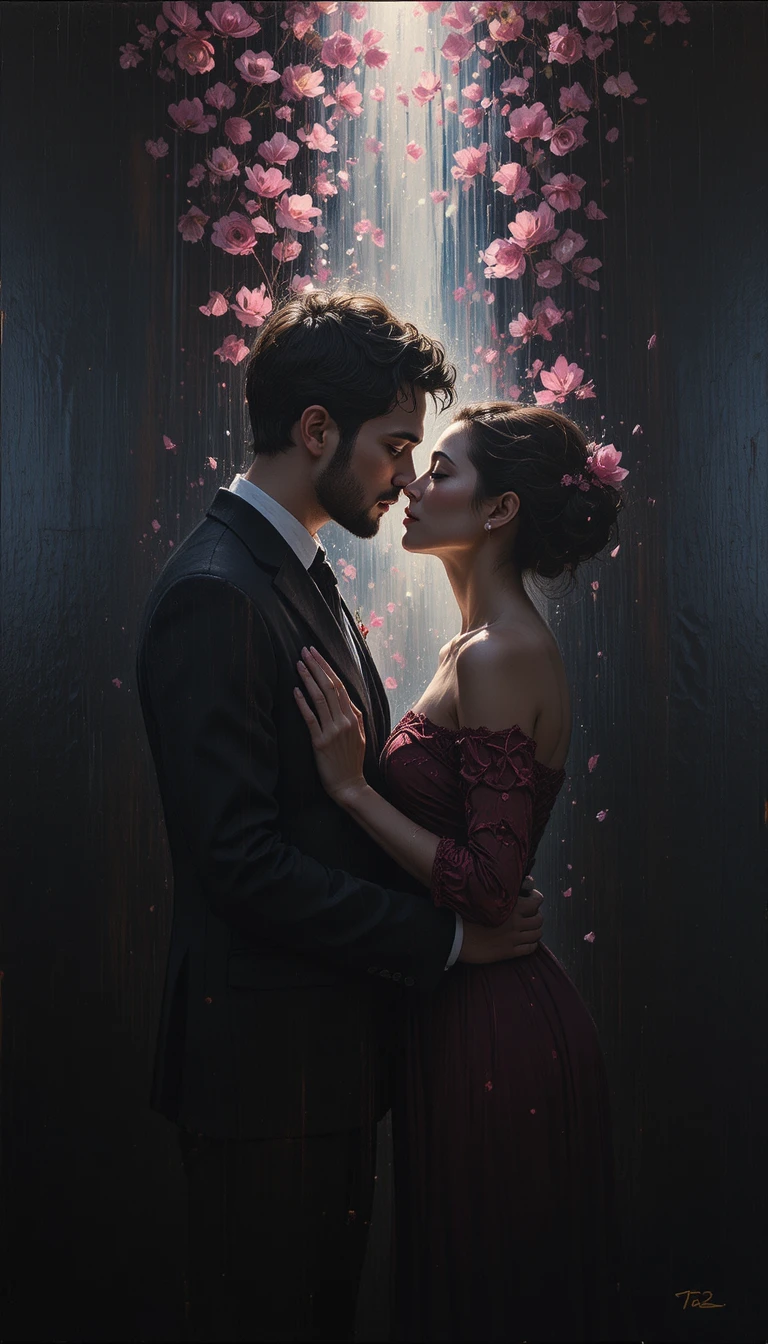 Embracing couple under soft pink cinematic light on black