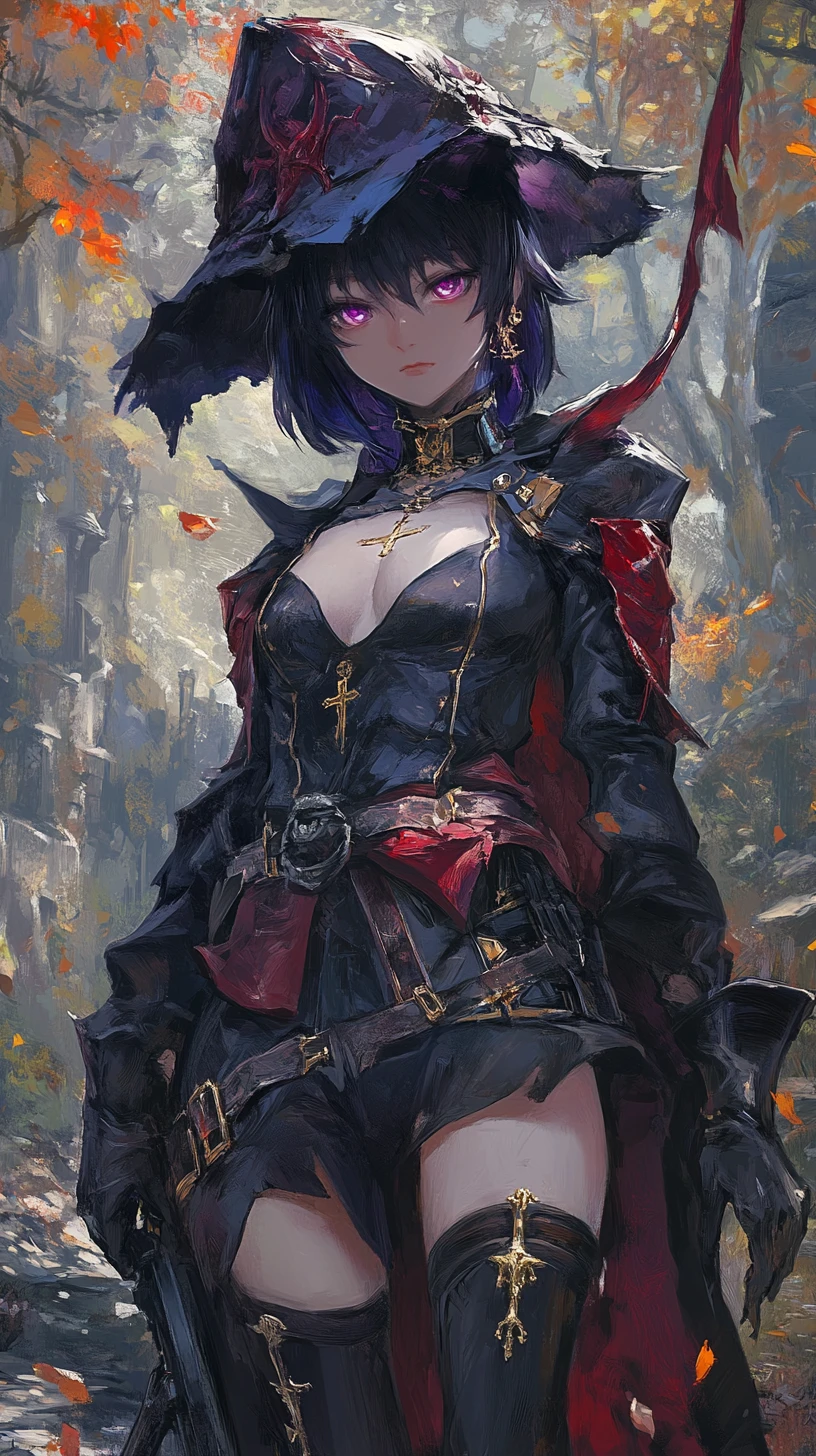 Anime girl warrior with sword in ornate hunter outfit