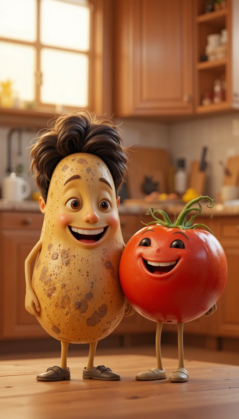 Smiling Potato And Tomato Friends In A Cozy Kitchen