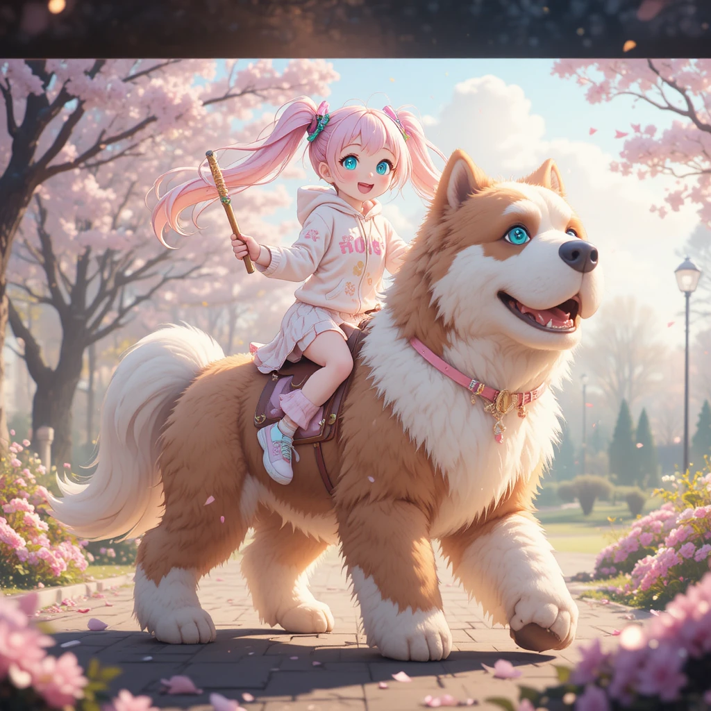 可愛動漫女孩騎著巨大的毛絨聖伯納犬