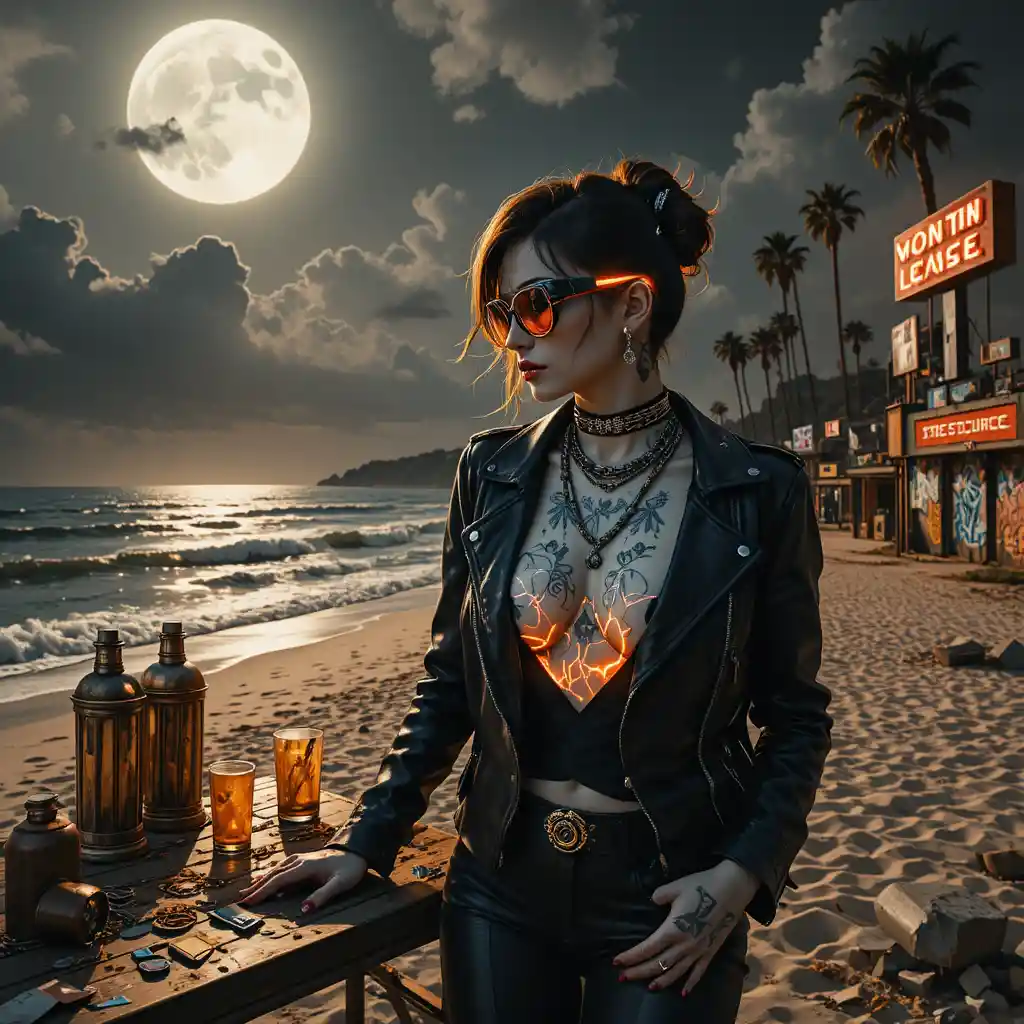 Cyberpunk femme fatale on a moonlit urban shoreline