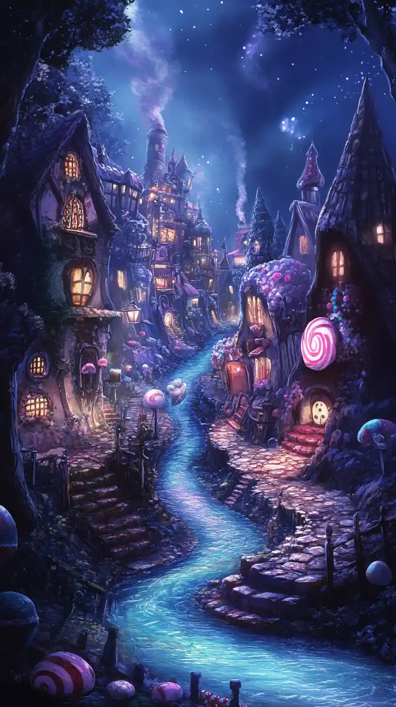 Spooky candy world with chocolate river and sweet forest