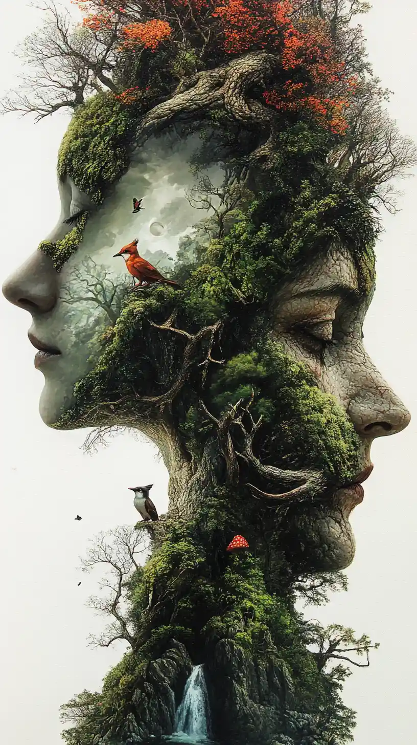 Enchanted Forest Forming Intertwined Human Profiles In Nature