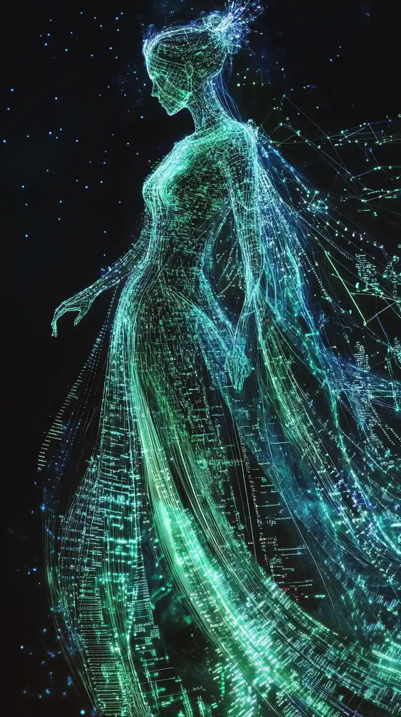 Celestial artisan weaving glowing threads of living reality