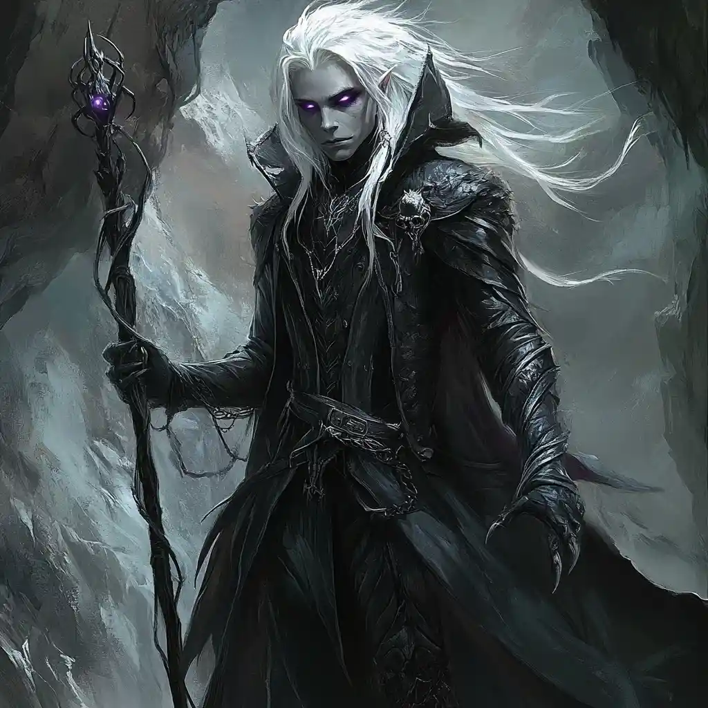 Elfa drow con bastone in una caverna oscura