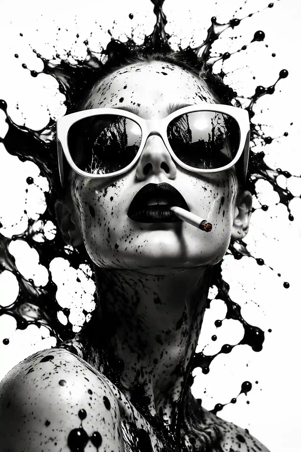 Monochrome woman portrait with ink splash and cigarette