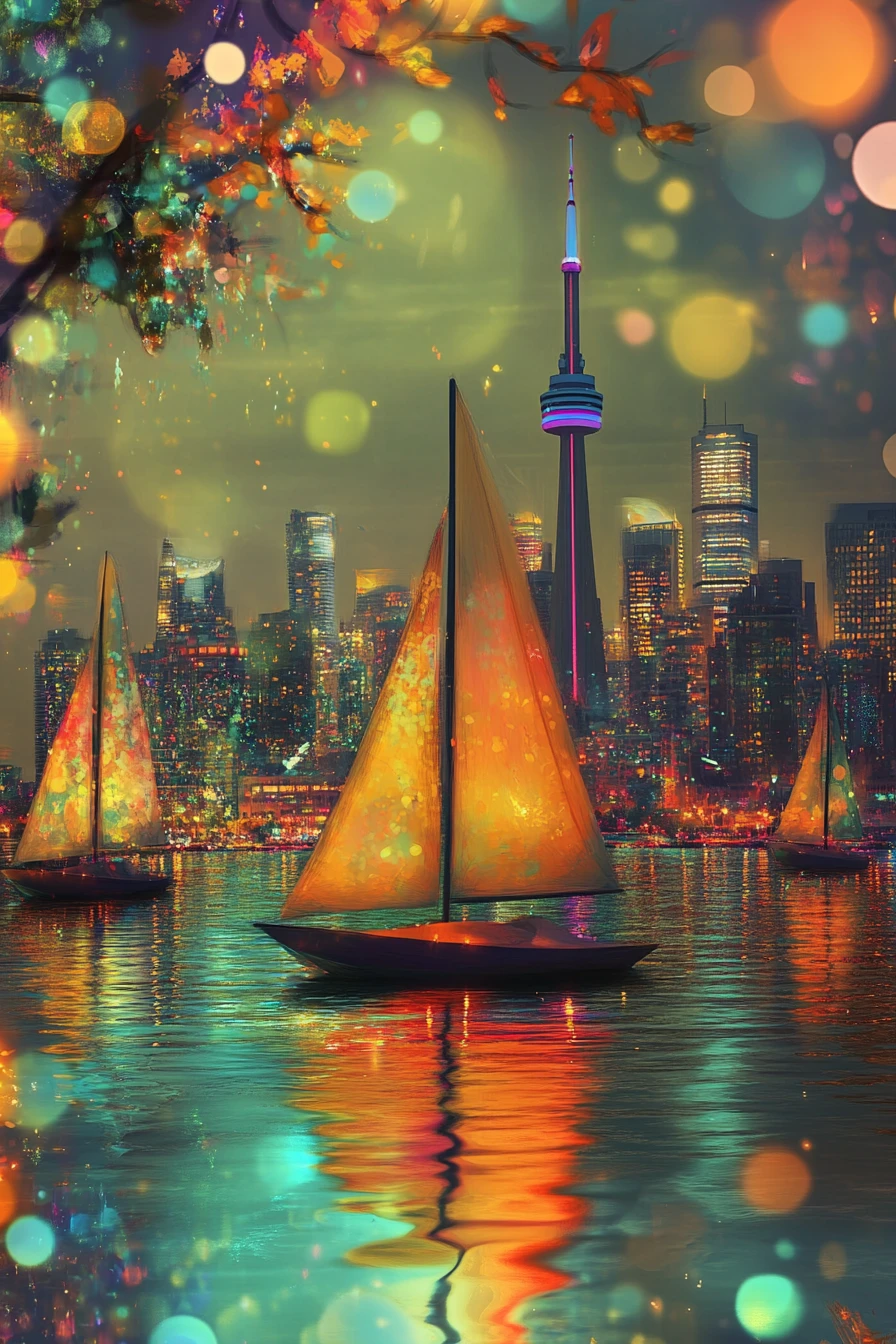 Colorful sailboats on a dreamy neon city waterfront