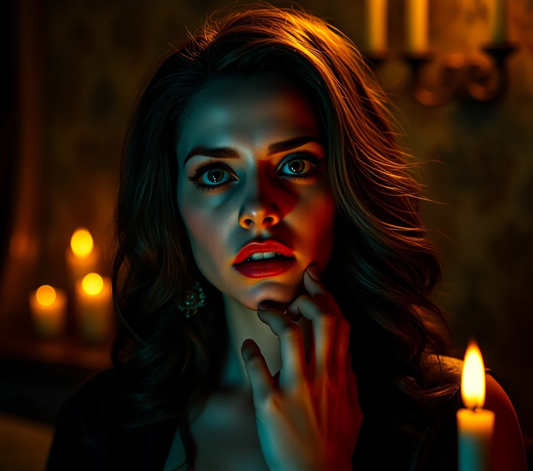 Surreal candlelit portrait of a mysterious midnight muse