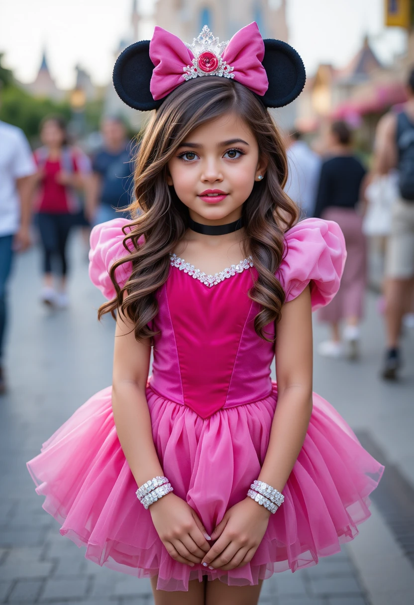 Young boy in pink princess dress at Disneyland
