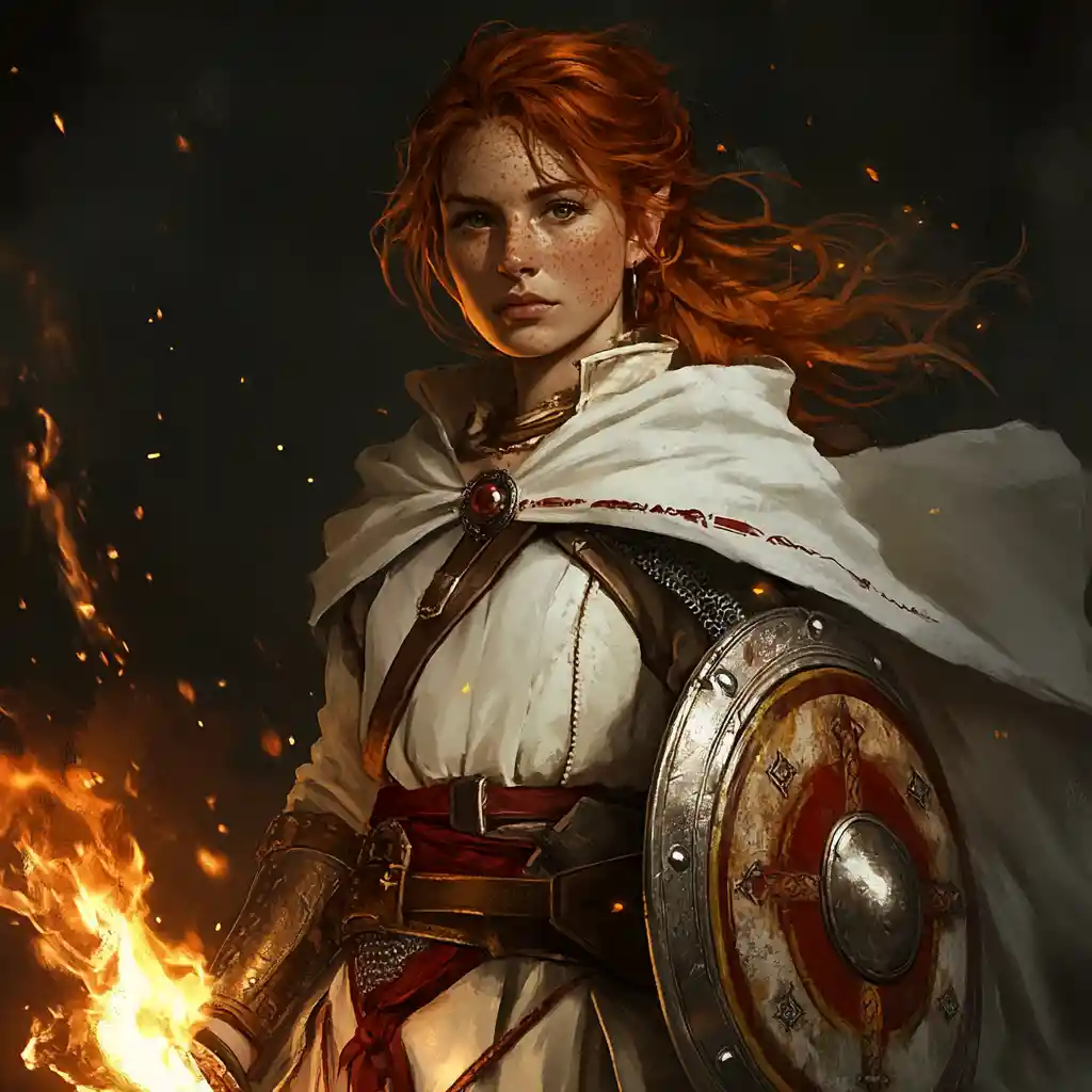 Ginger haired fantasy cleric with shield and torch