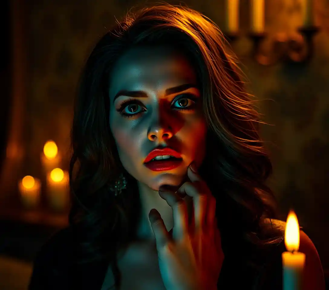 Surreal candlelit portrait of a mysterious midnight muse
