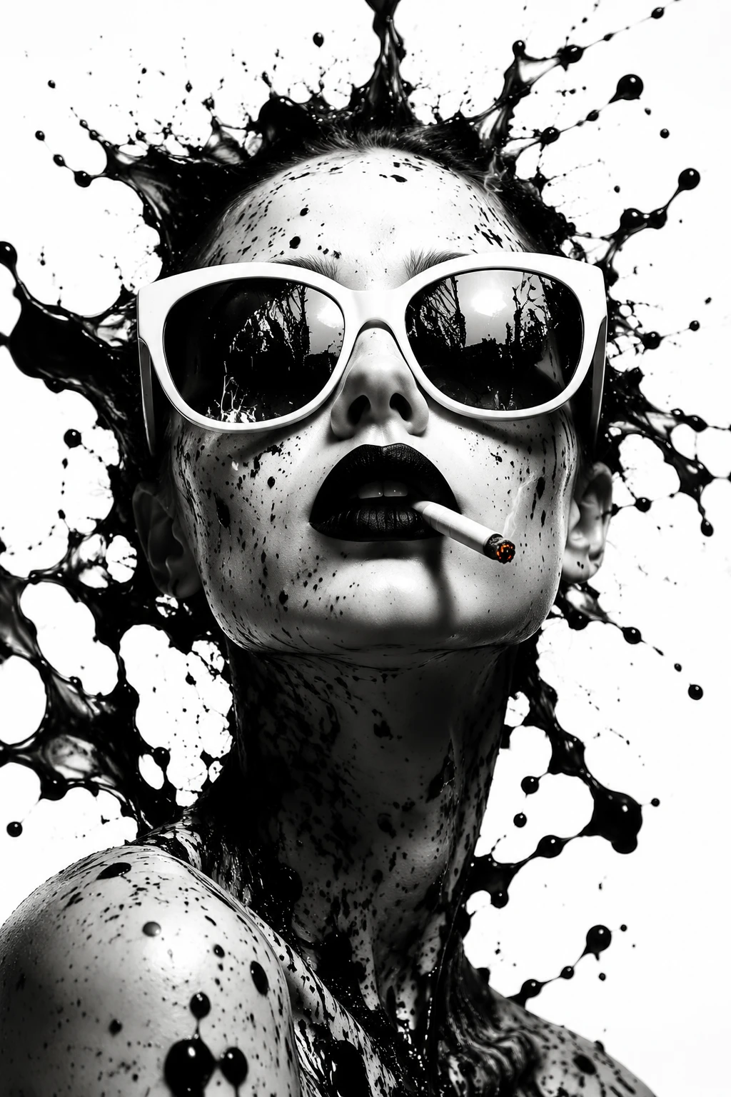 Monochrome woman portrait with ink splash and cigarette