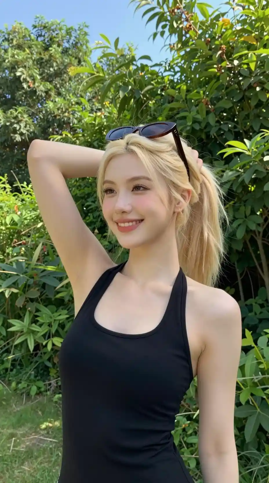 Smiling blonde woman in black halter top in sunny garden