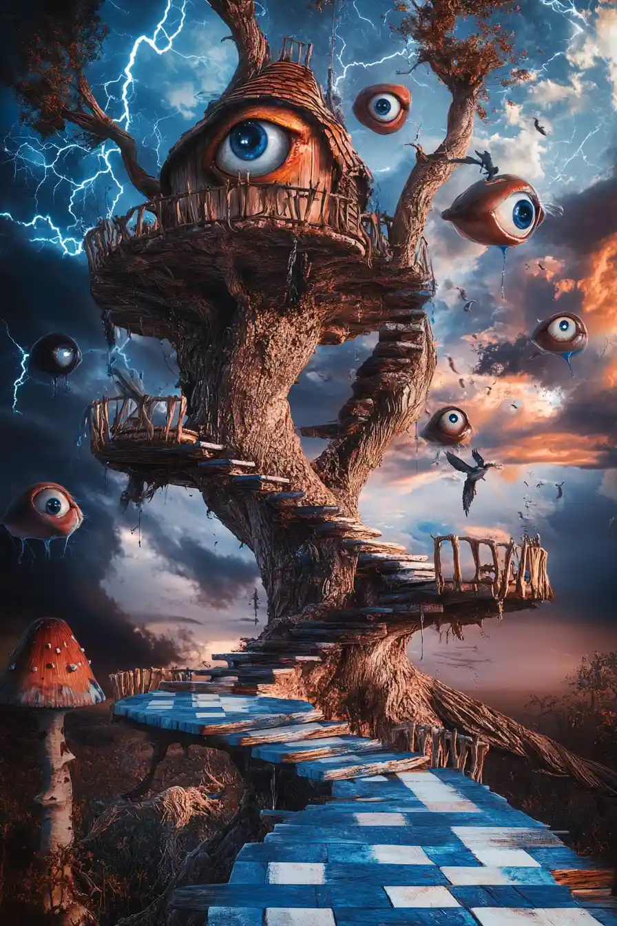 Surreal treehouse on a twisted trunk in a dreamlike world