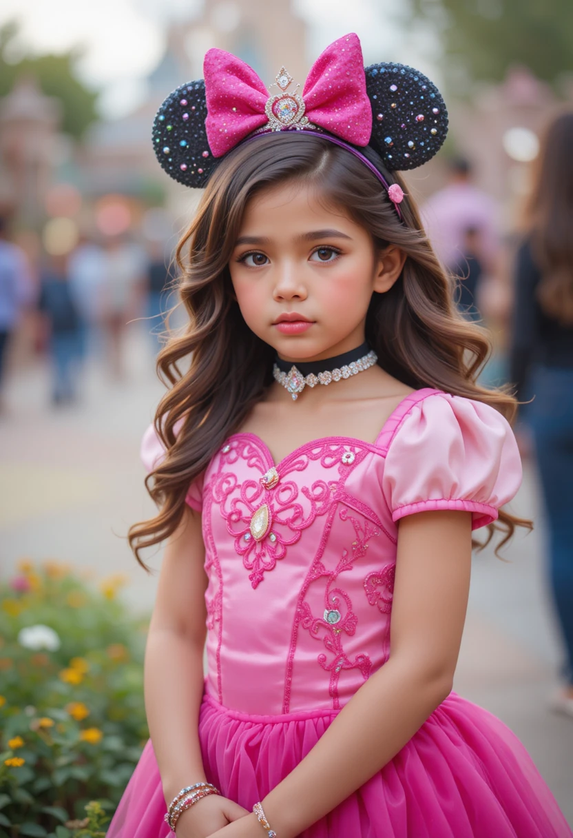 Young boy in pink Minnie princess dress at Disneyland