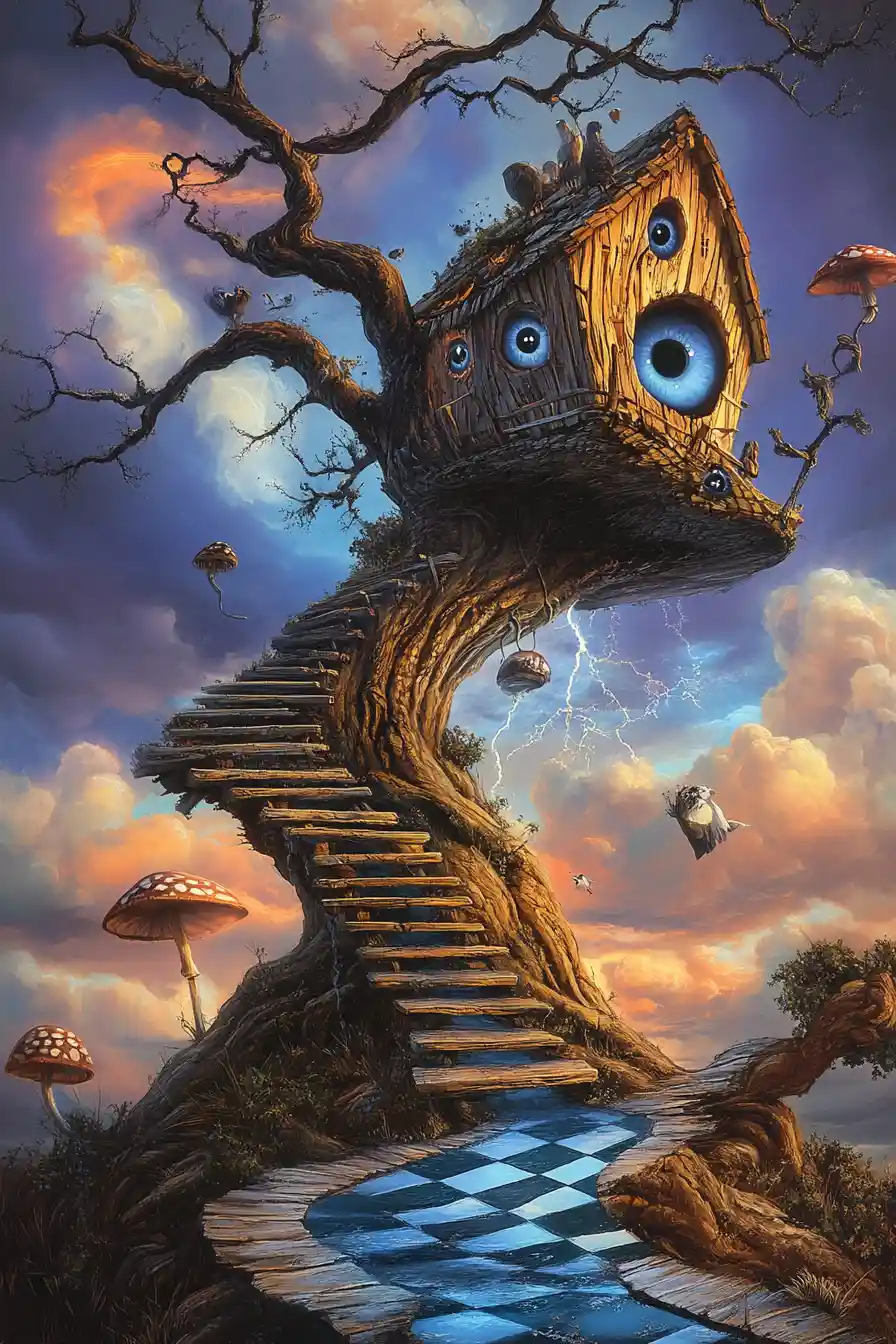 Surreal wooden treehouse on a twisted gnarled tree